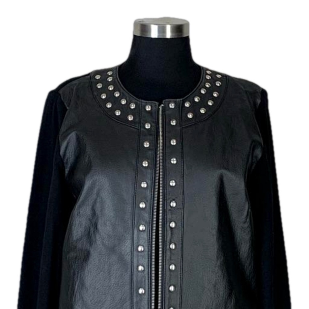 Caprice Y2K Leather Combo Studded Moto Jacket Double Zip Grunge Goth L Black - Picture 2 of 6